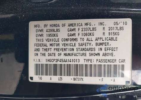 2010 Honda Accord 2.4 Lx-P z USA, uszkodzony, nr VIN 1HGCP2F45AA141013
